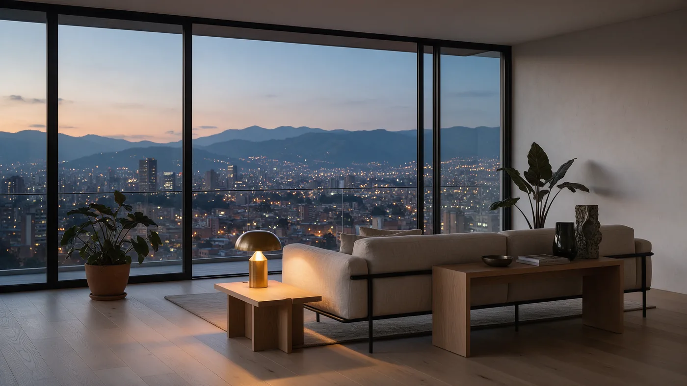 Interior contemporáneo con un gran ventanal abierto a la ciudad al atardecer.