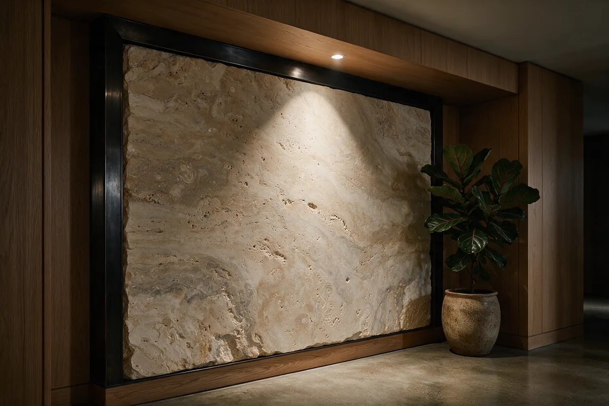 Detalle de un lobby: travertino claro, acero negro y madera de roble.