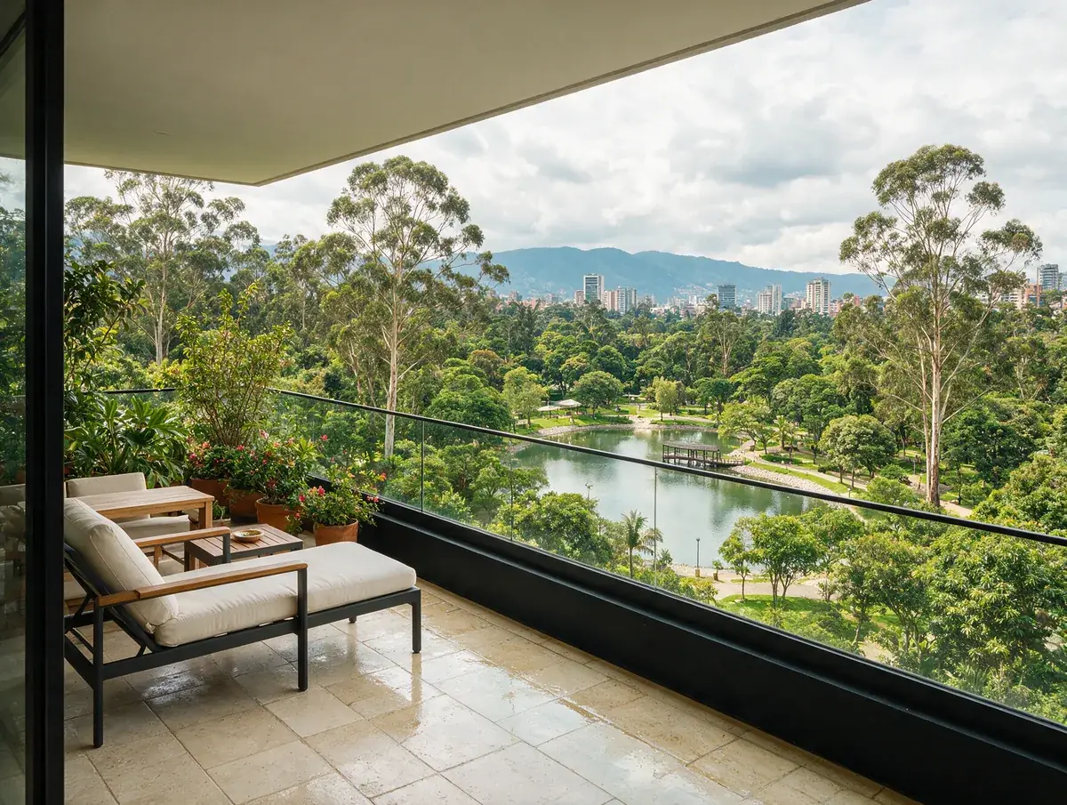 Terraza de un edificio sobre un parque con lago y la ciudad al fondo.